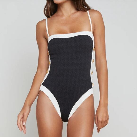 L'Agence Tory Bandeau One Piece Swimsuit Black White Gold Buttons S NEW - Picture 1 of 13
